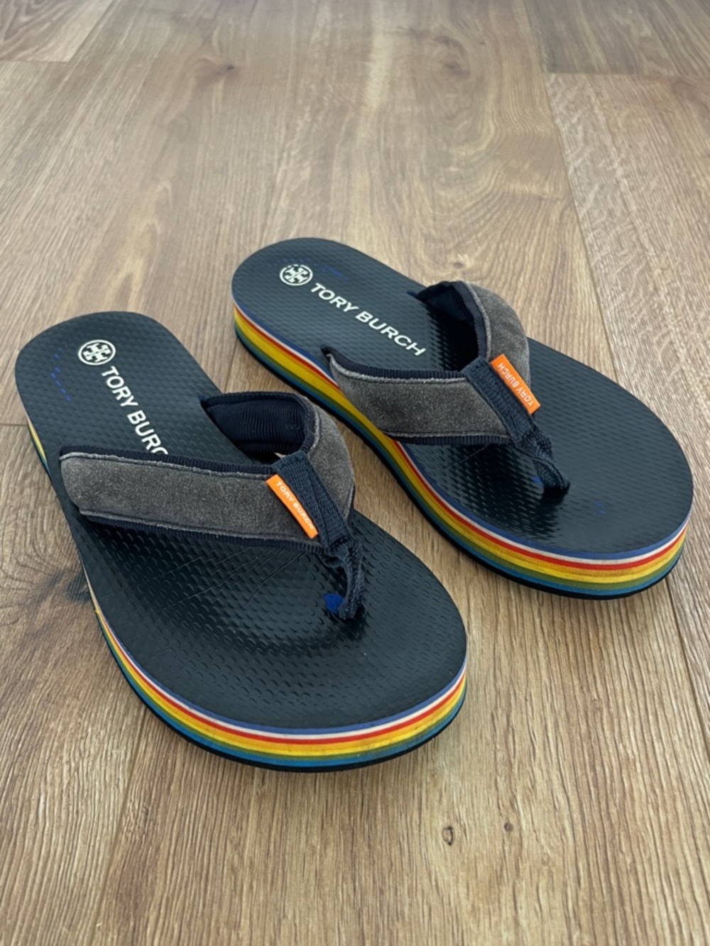 Tory Burch Black Flip-Flop Sandals with Rainbow Layered Platform Women’s Size 8